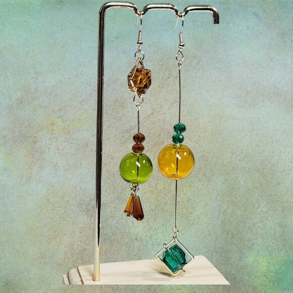 Original Blown Bubble Glass Dangle Earrings Women Fashion Goldtone Earth Tones - Picture 2 of 12
